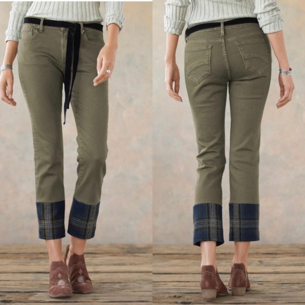 Olive Cropped Plaid-Cuff Women’s Jeans
